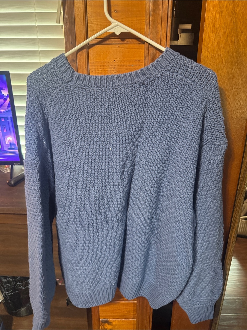 Women’s Blue Chunky Knit Sweater with Embroidered Chicken - Picture 2 of 3
